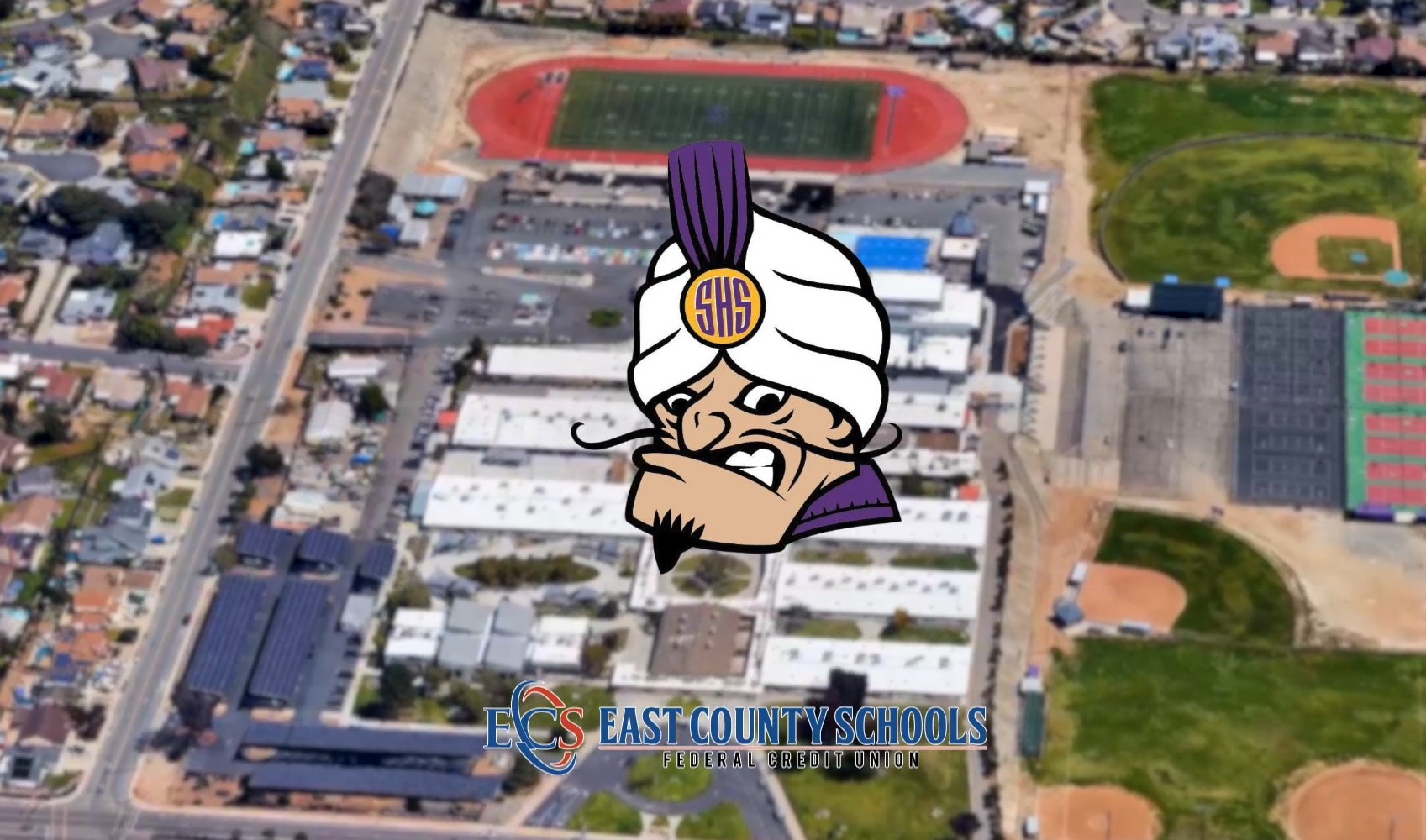 Santana High School drone photo with Santana logo