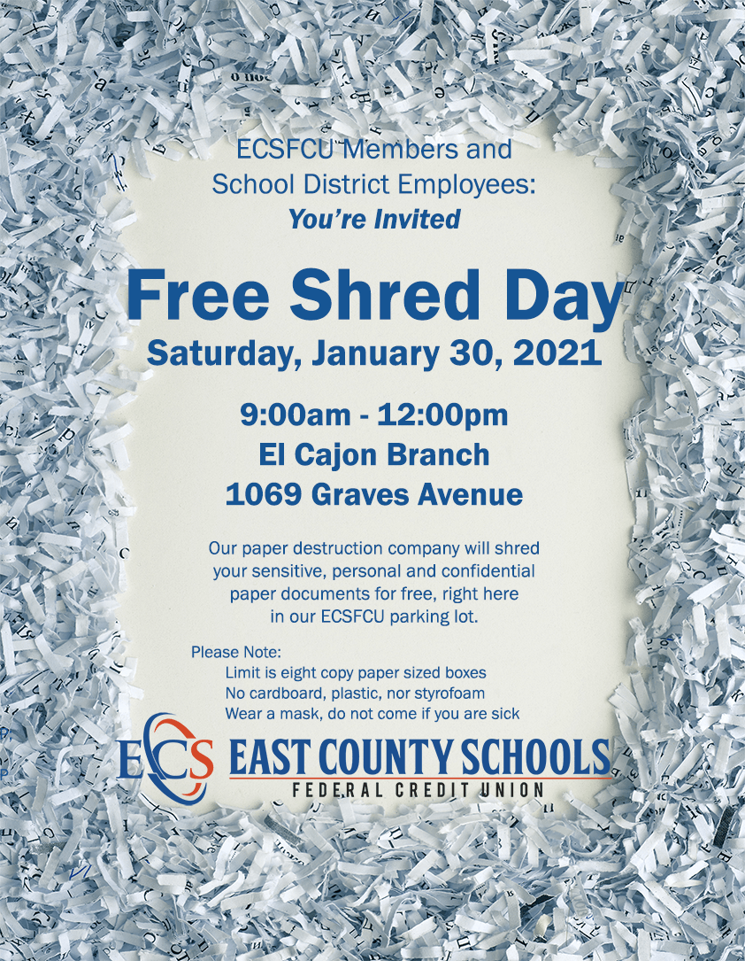 Shred Day ECSFCU Jan 30 2021 You're Invited Shred Day ECSFCU Jan 30 2021 You're Invited
