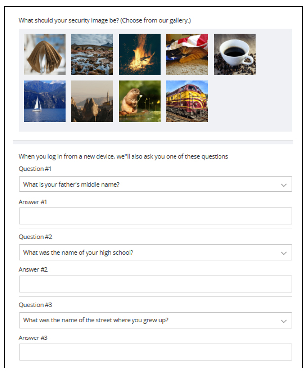 Screen capture showing security images and security questions